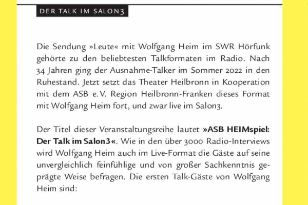 Neue ASB Talk-Reihe im Salon 3 mit Wolfgang Heim